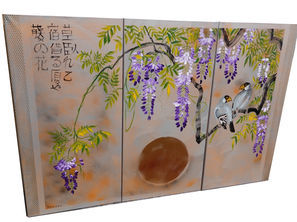 Large silver orange triptych Japanese wisteria J303