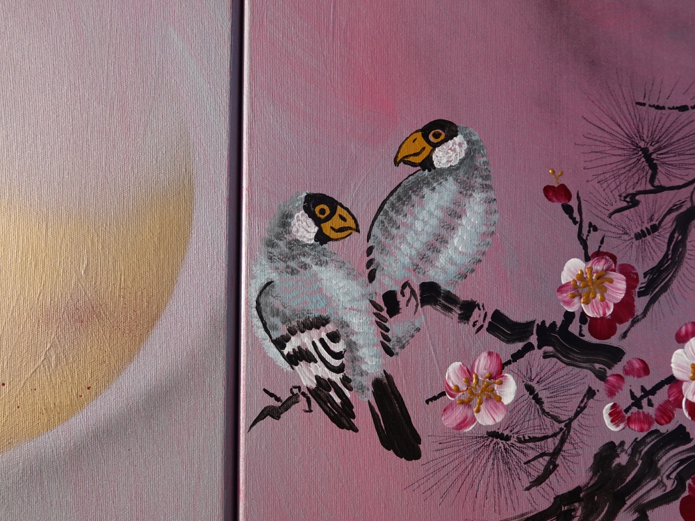 Japanese birds J314 - pink silver diptych