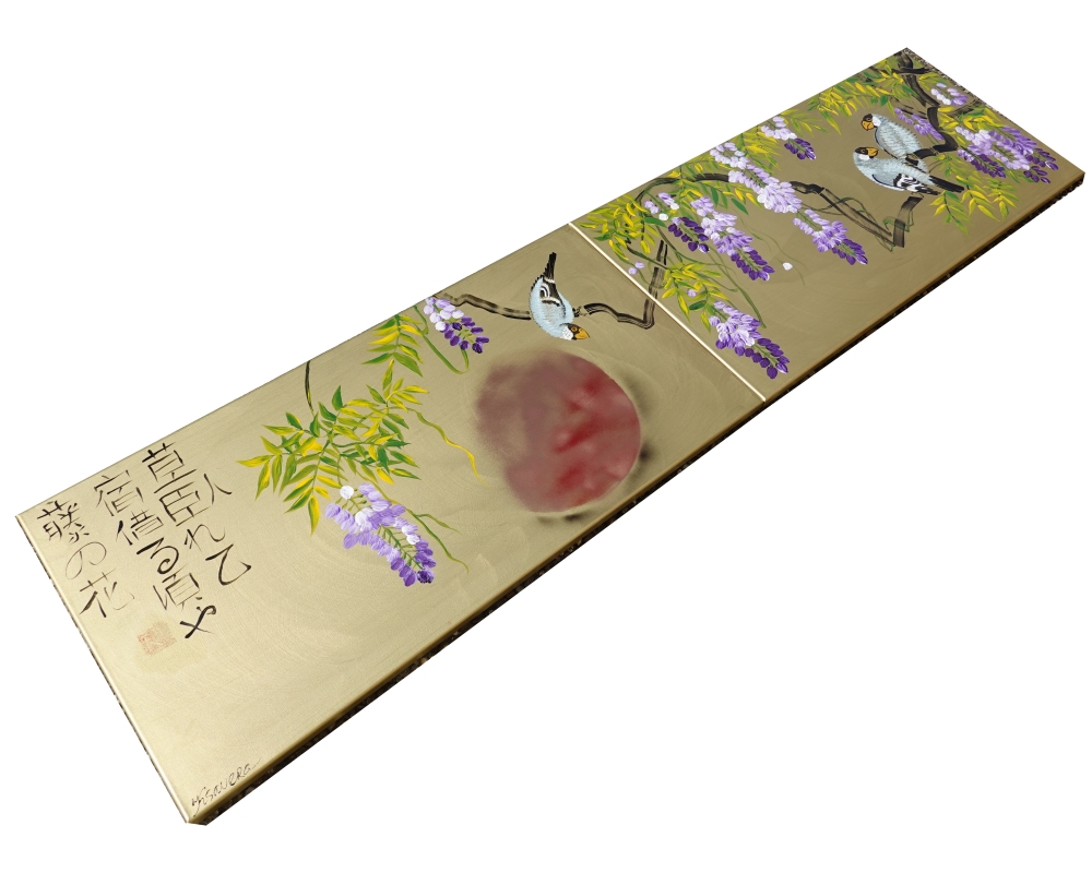 Long gold paintings \"Japanese wisteria J353\" - diptych