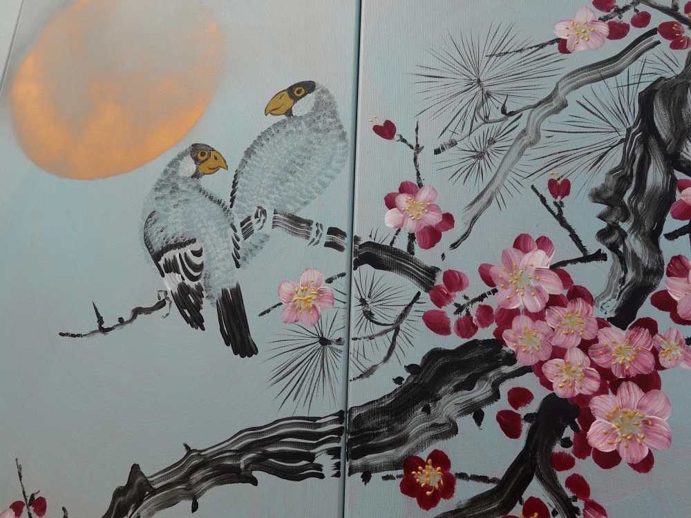 Large silver paintings Japanese sakura J357