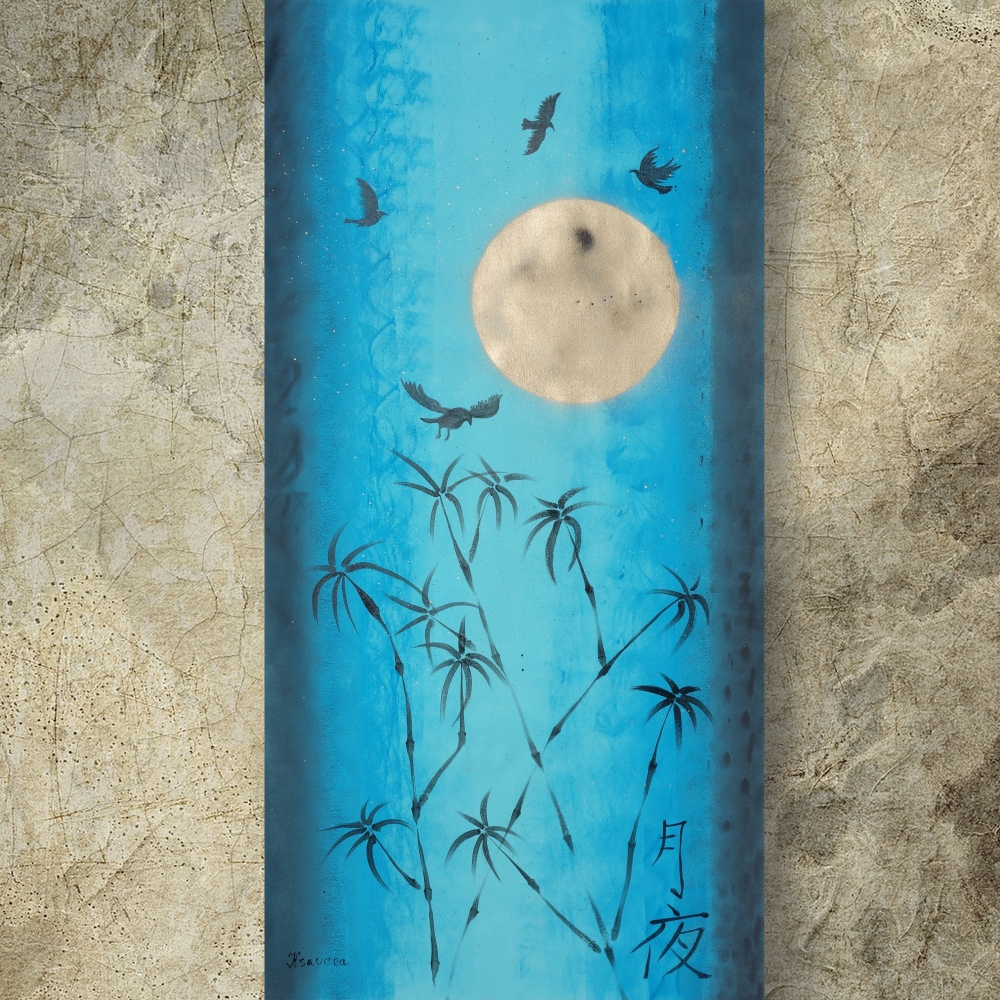 Japan Moon Night Turquoise gold painting J097