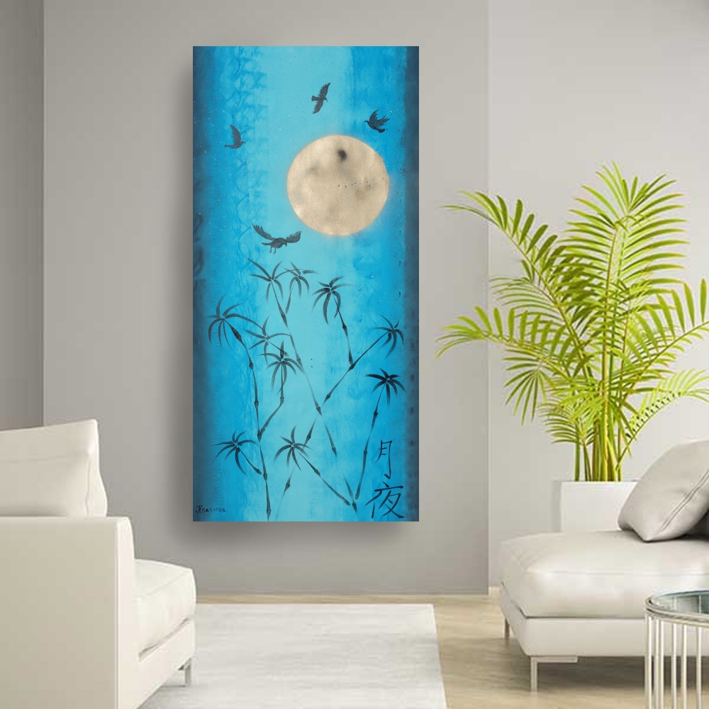 Japan Moon Night Turquoise gold painting J097