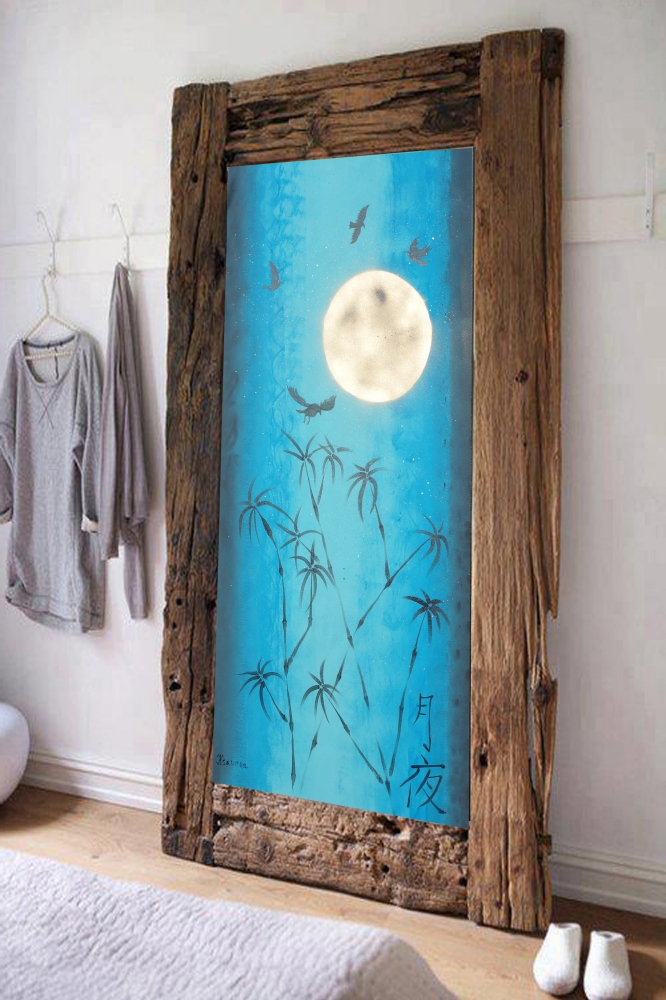 Japan Moon Night Turquoise gold painting J097