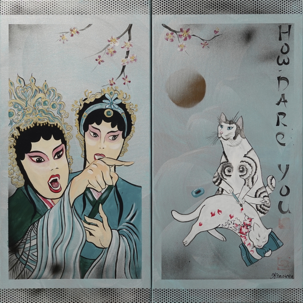 Geisha yelling at Cat-artist J260 - silver teal diptych