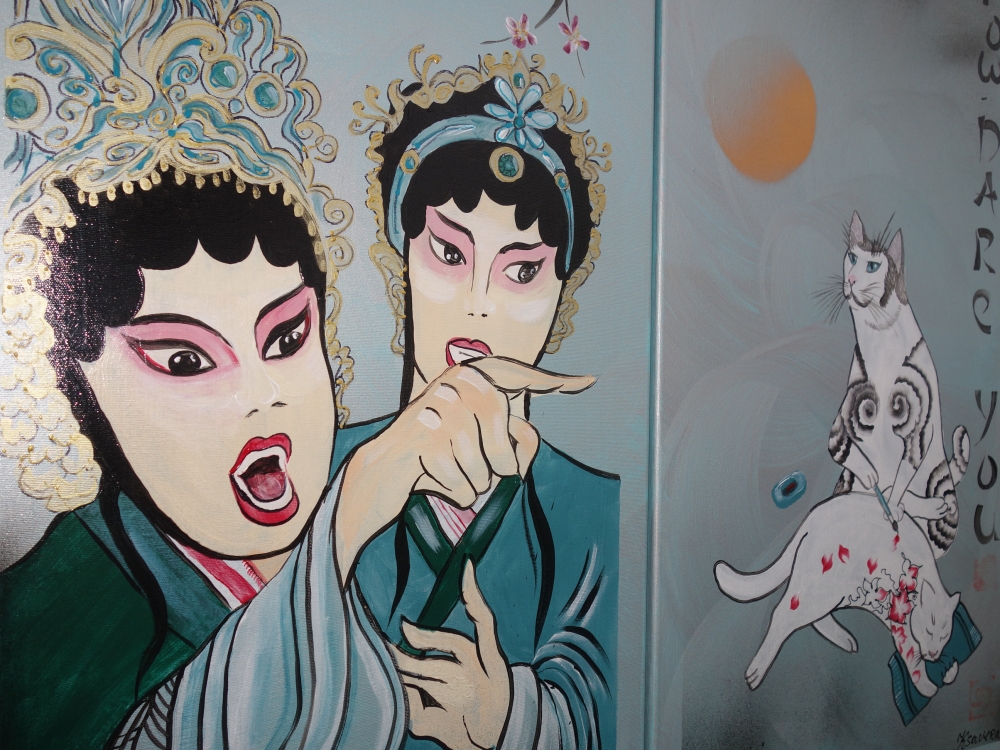 Geisha yelling at Cat-artist J260 - silver teal diptych