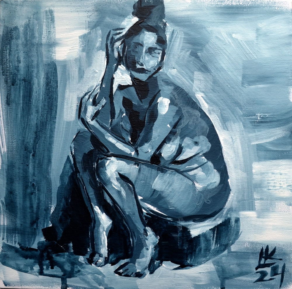 Seated Woman With Bent Knees In Monochrome Tones