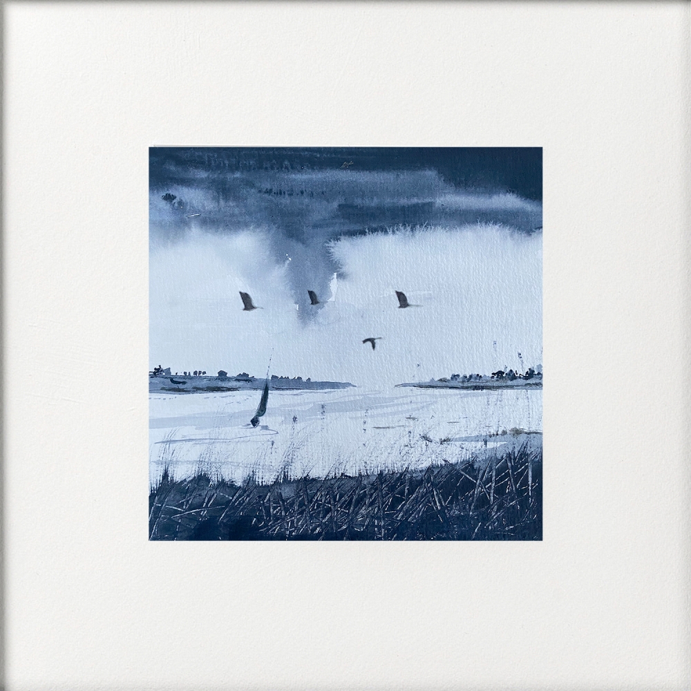 Monochrome - Flock of Geese over Estuary boat, framed