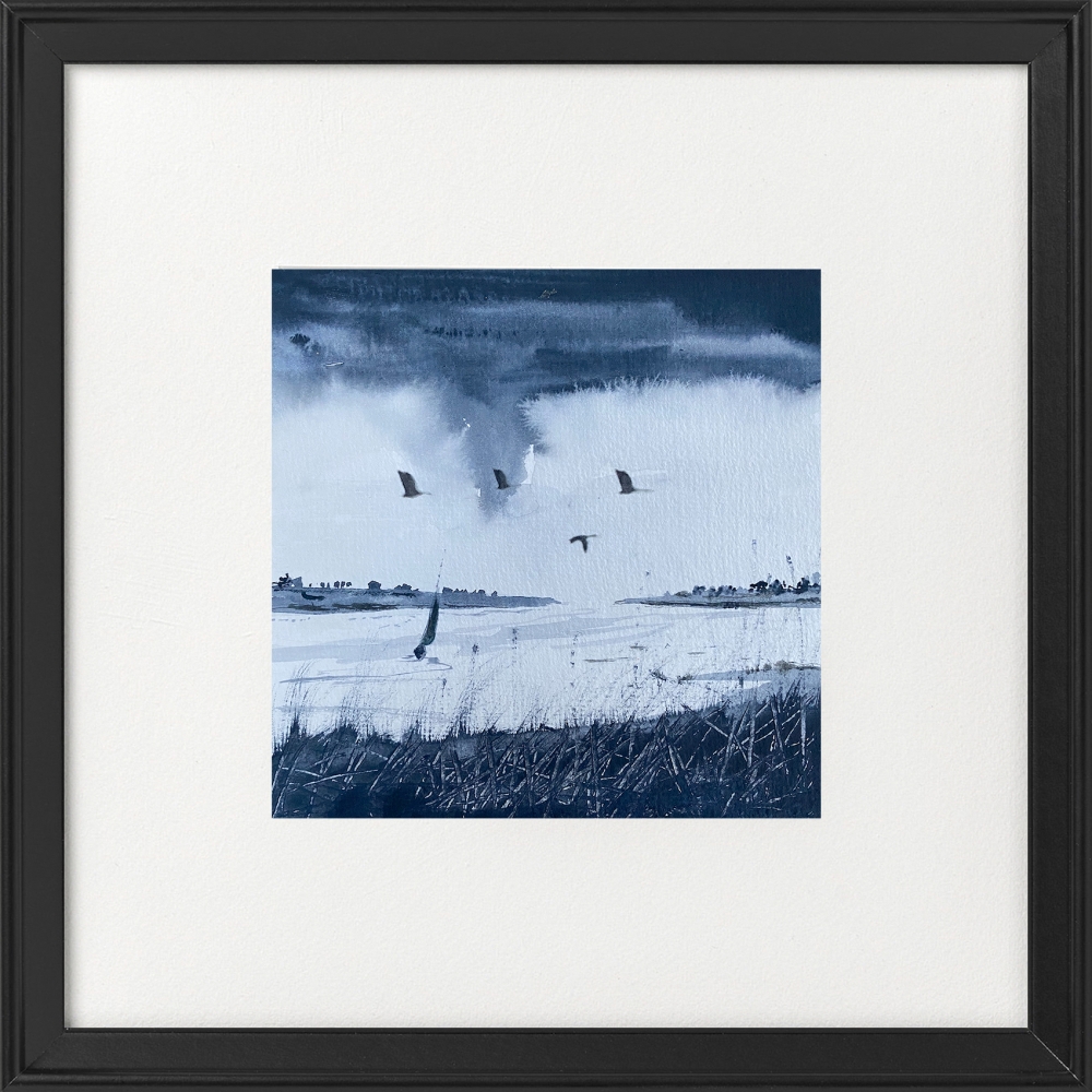 Monochrome - Flock of Geese over Estuary boat, framed