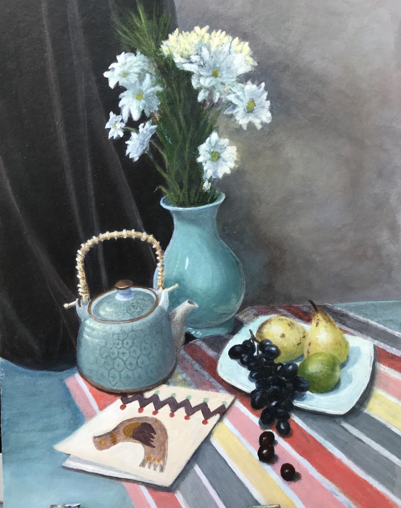 STILL LIFE WITH TEAPOT, FRUIT AND CHRYSANTHEMUMS