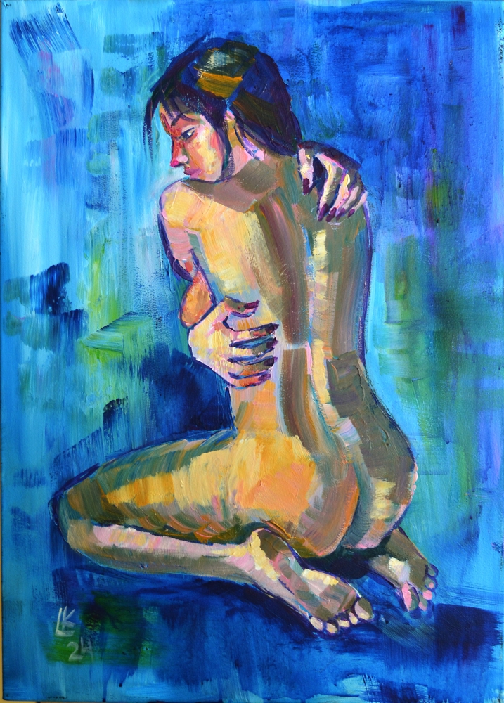 Naked Woman Back On A Blue Background