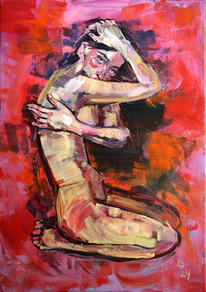 Young Nude Woman On A Red Background