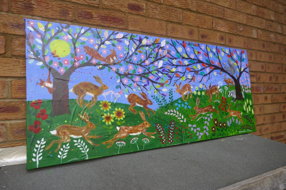 Hares leaping and Jumping among Flowers and Trees