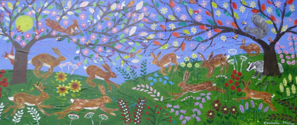 Hares leaping and Jumping among Flowers and Trees