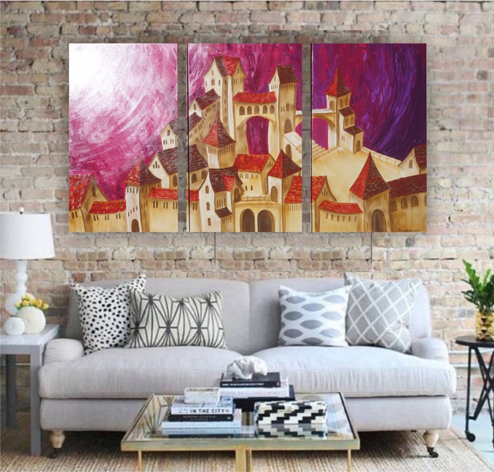 Surrealistic cityscape paintings S048 - large triptych