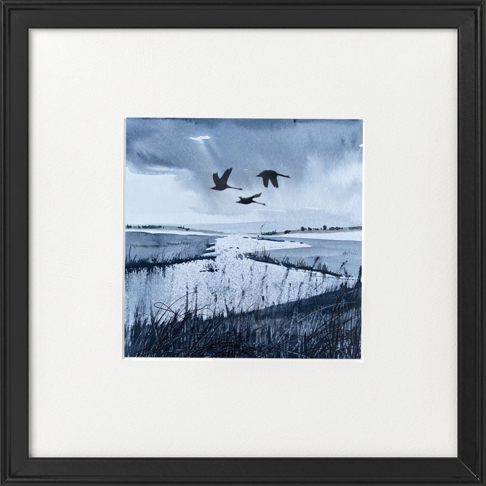 Monochrome - Brooding Marsh skies, Swans flying over framed