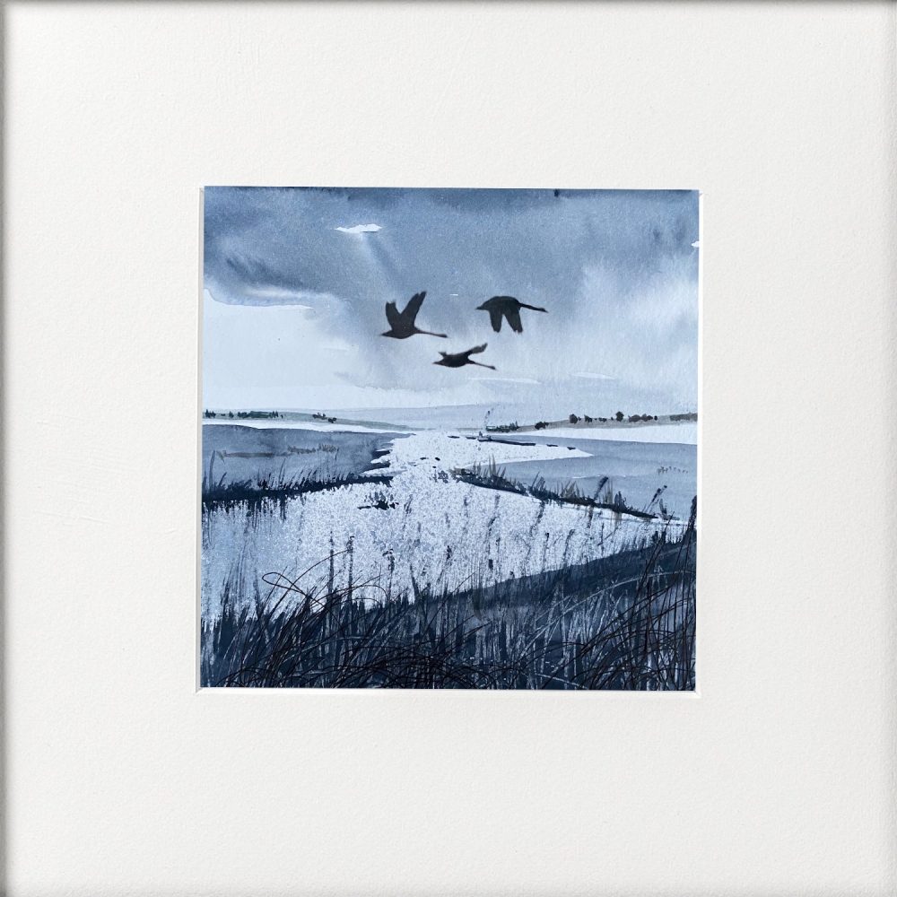 Monochrome - Brooding Marsh skies, Swans flying over framed