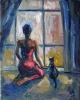The woman in a red dress and a cat near the window