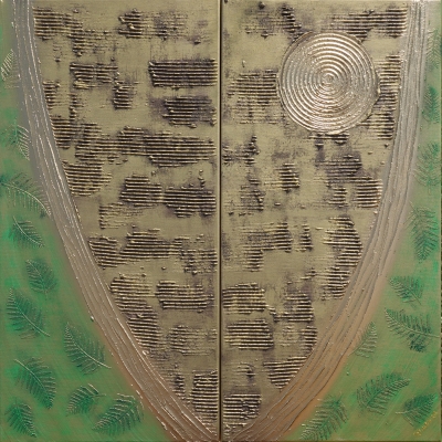 Gold green Abstract diptych A947 