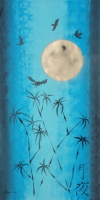 Japan Moon Night Turquoise gold painting J097