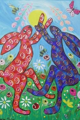 Quirky Hares dancing among Flowers