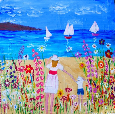A Mother's Love by the Sea among Flowers 