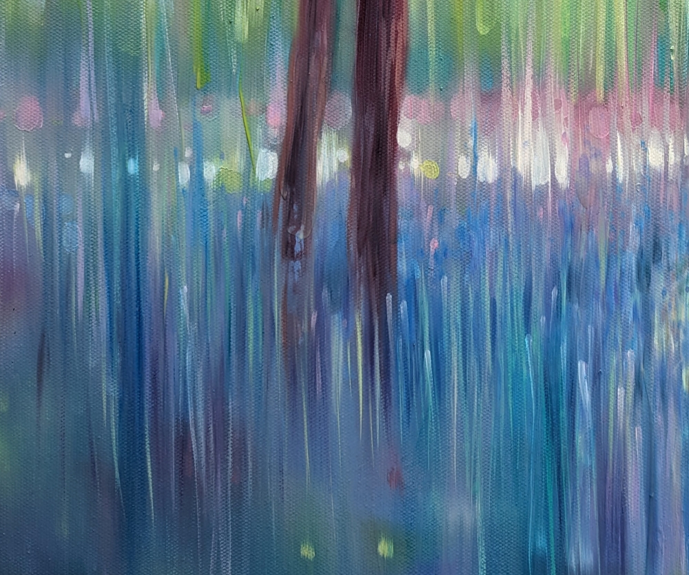 In His Element, a peacock in bluebell landscape painting