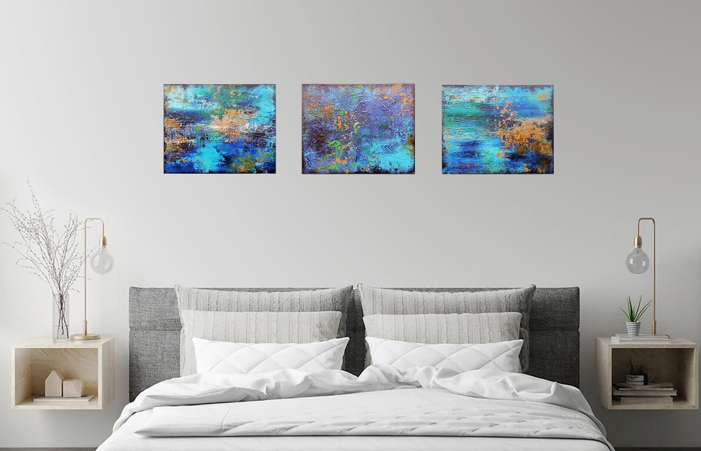 XXL Abstract Midnight River Triptych 150 x 40cm Textured Abstract