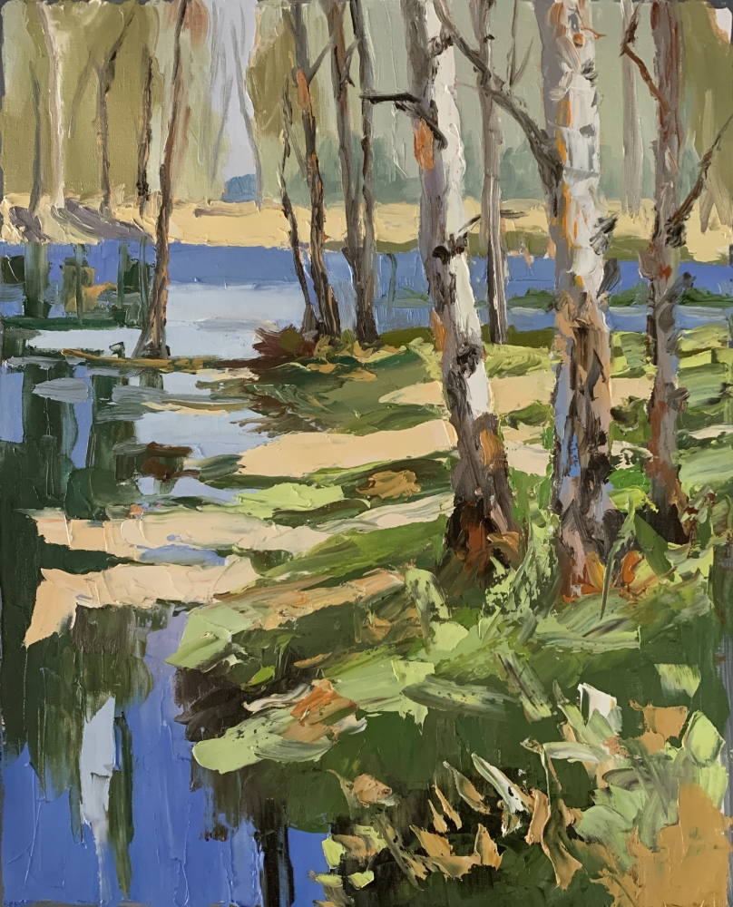 Birch forest by the river, landscape.