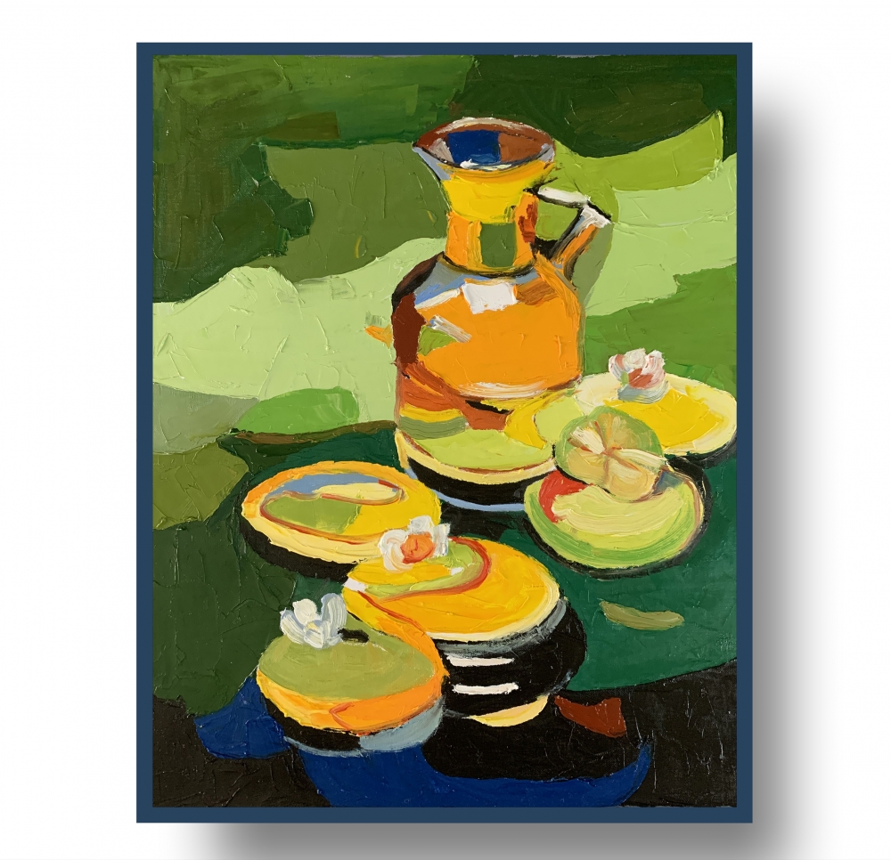 Lemon juice and cookies. Still life Original oil painting.