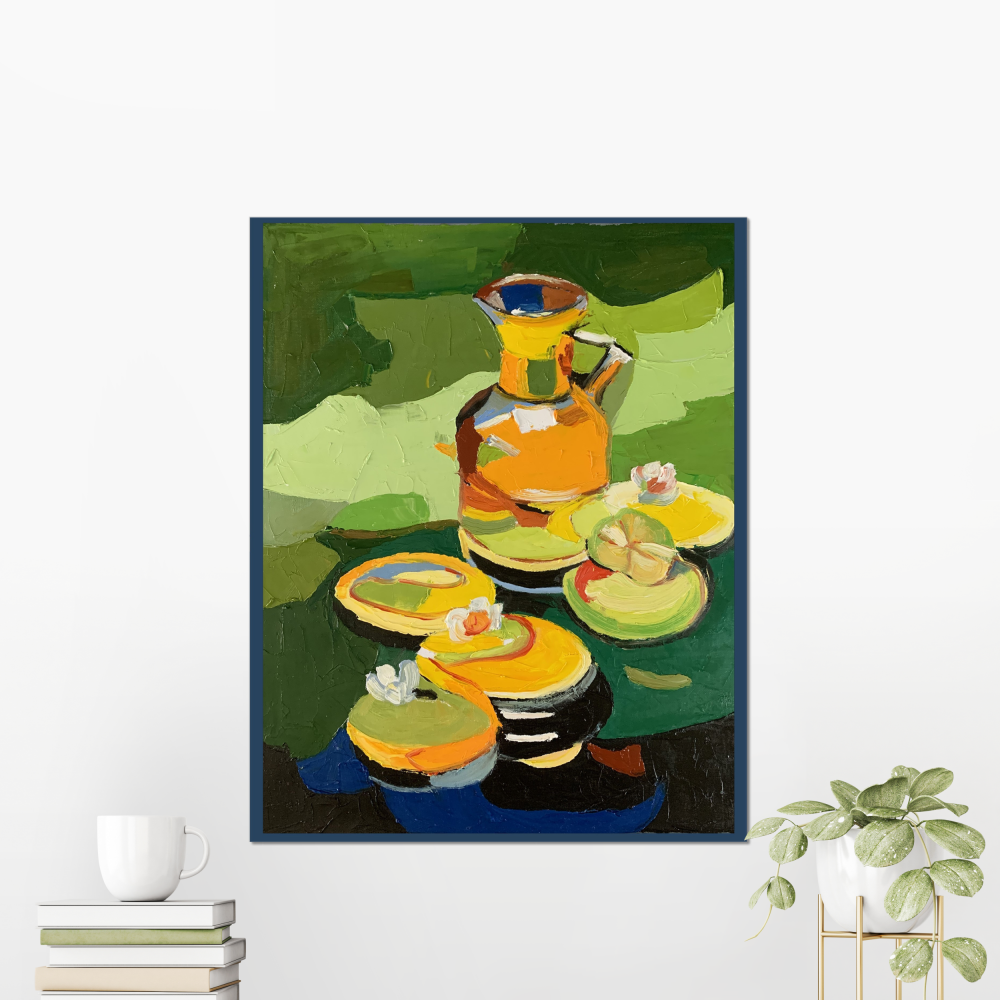 Lemon juice and cookies. Still life Original oil painting.