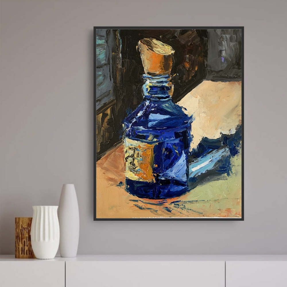 Mystery blue glass bottle, still life.