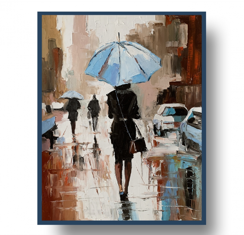 Woman with umbrella in a rainy city.