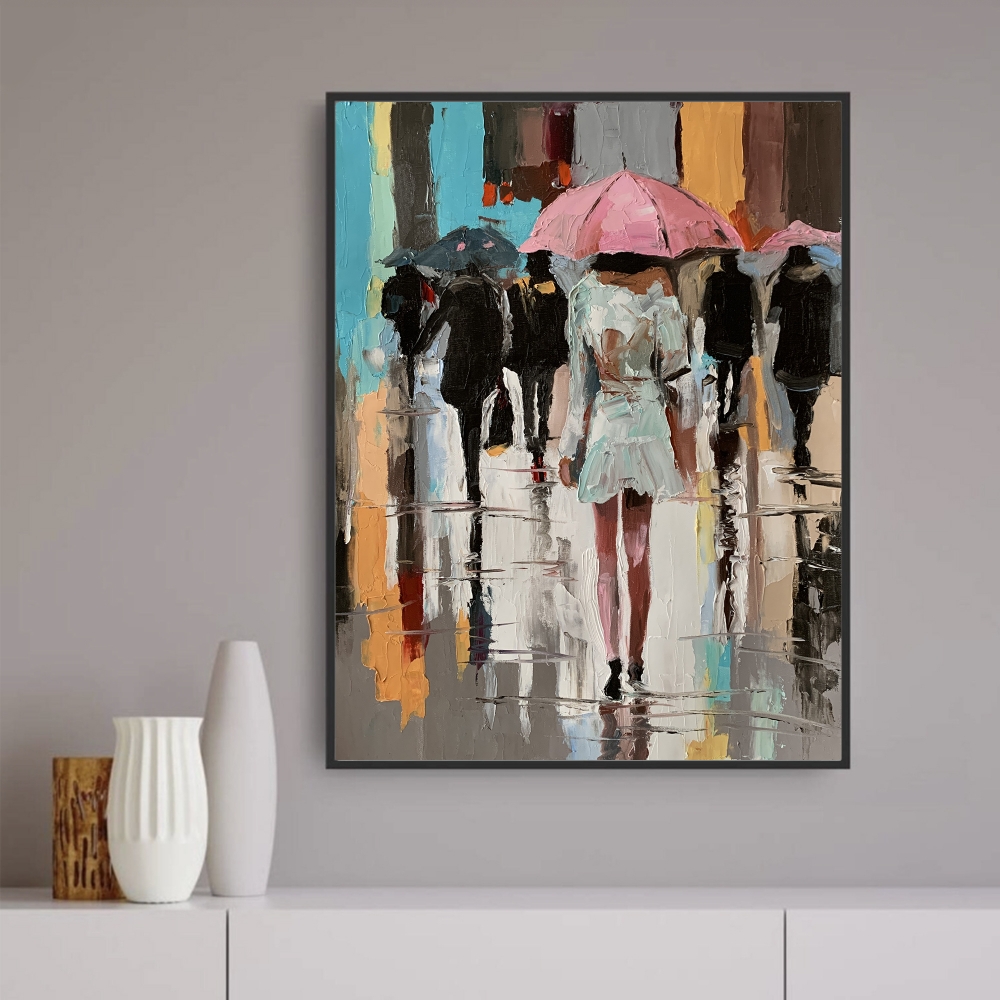 Woman with umbrella in a rainy city.