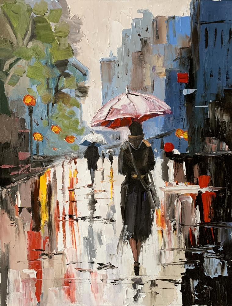 Woman with umbrella in a rainy city