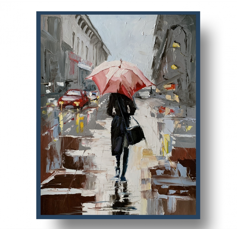 Woman with umbrella in a rainy city.