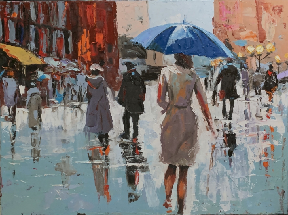 Rainy city. People with umbrellas.