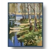 Birch forest by the river, landscape.