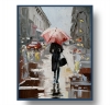 Woman with umbrella in a rainy city.