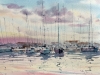 Yachts on the pier in a pink sunset