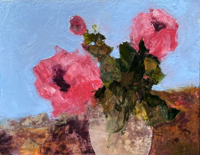 Pink Flowers On Blue 