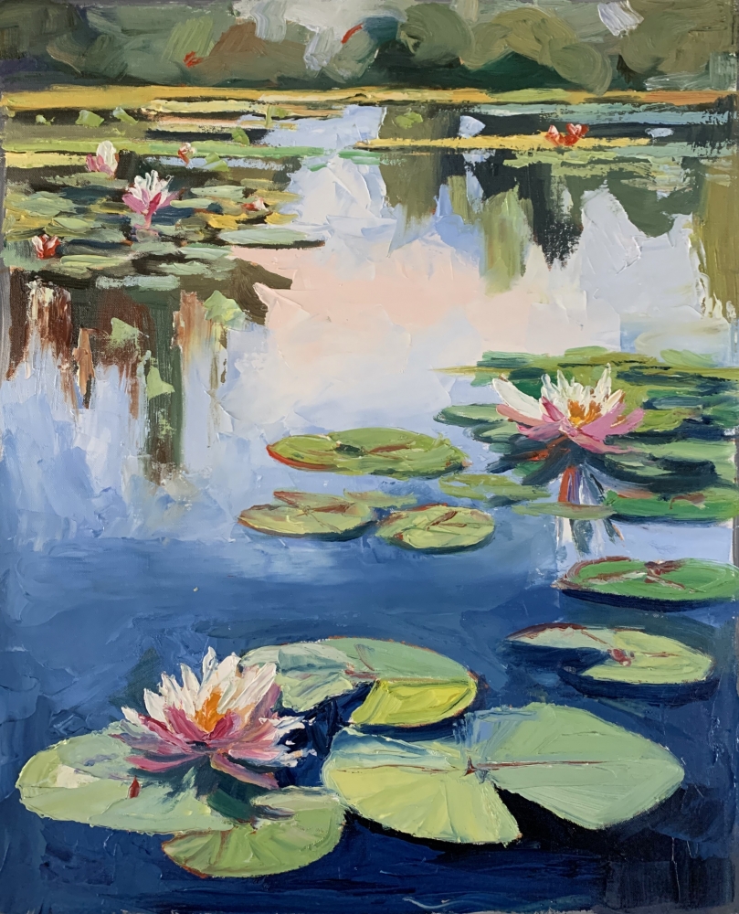 Pond with water lilies, landscape.