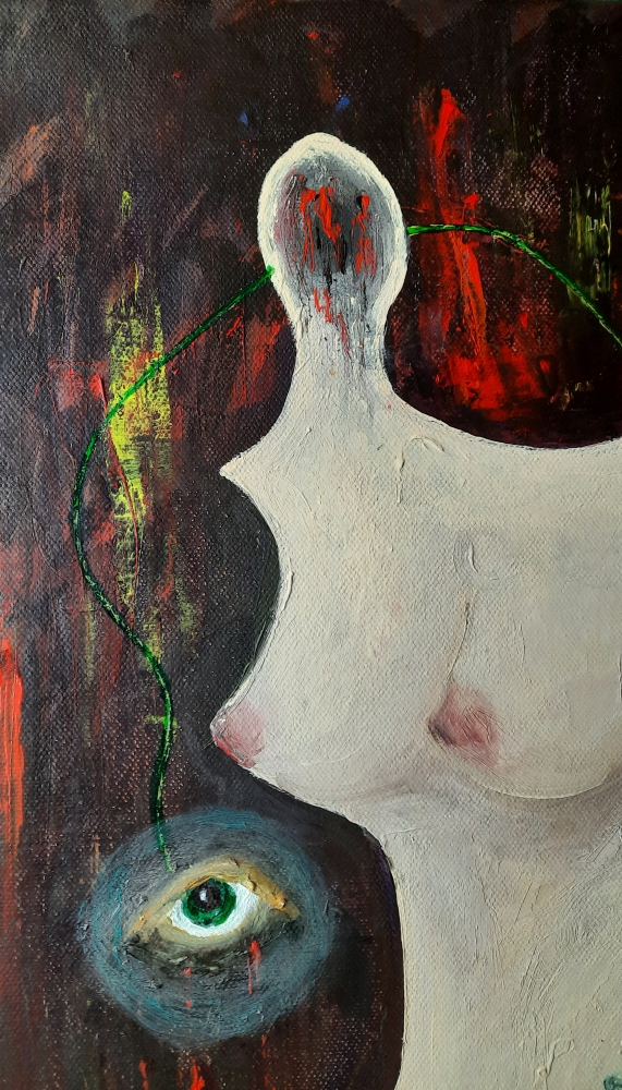 Still-life with anatomical structure and curious green eyes