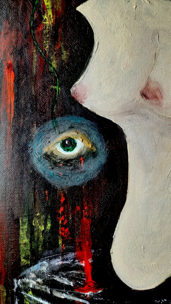 Still-life with anatomical structure and curious green eyes