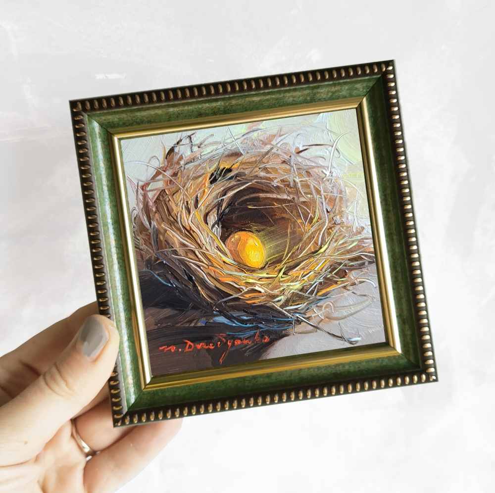 Nest oil painting original 4x4 in frame, Gold egg unique miniature oil painting wall art framed, Small framed art Valentines day gift