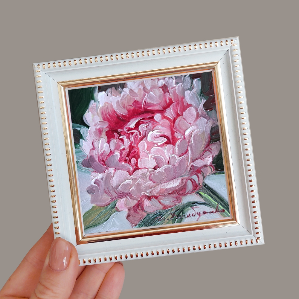 Peony original oil painting framed, Small painting pink flowers, Unique peony wall art, Floral art Valentines day gift for women