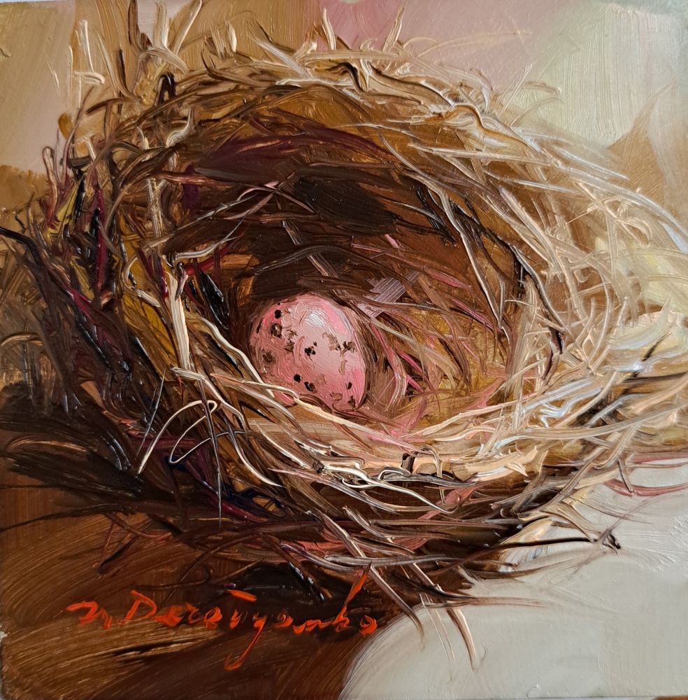 Nest oil painting original 4x4 in frame, Pale pink egg unique miniature oil painting wall art framed, Small framed art Valentines day gift