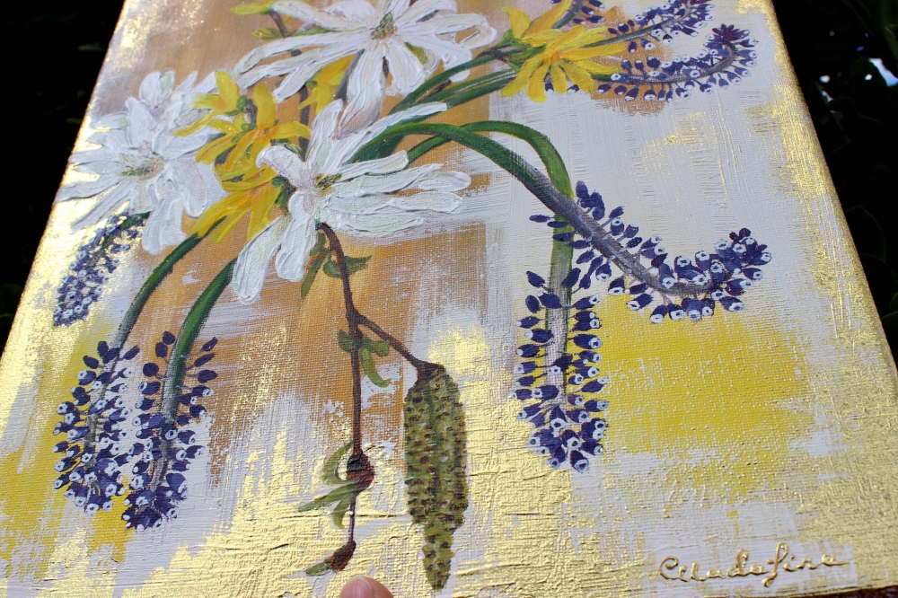 ‘Still life magnolia in Spring’ Acrylic and gold leaf Painting by Elena Ciobanica