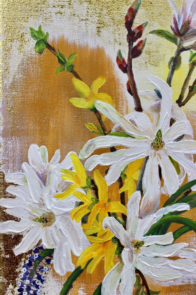 ‘Still life magnolia in Spring’ Acrylic and gold leaf Painting by Elena Ciobanica