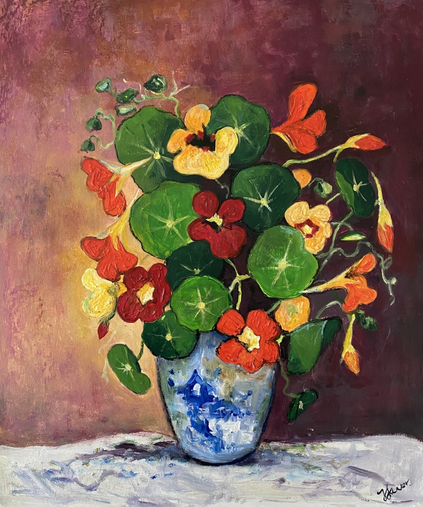 Nasturtiums blue & white vase