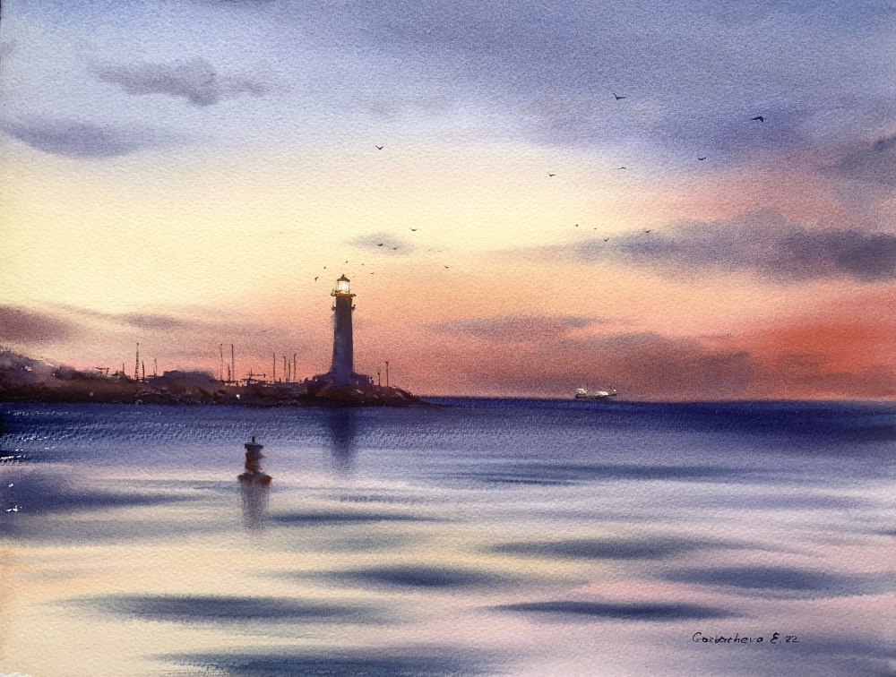 Sunset on the sea, Lighthouse, #4